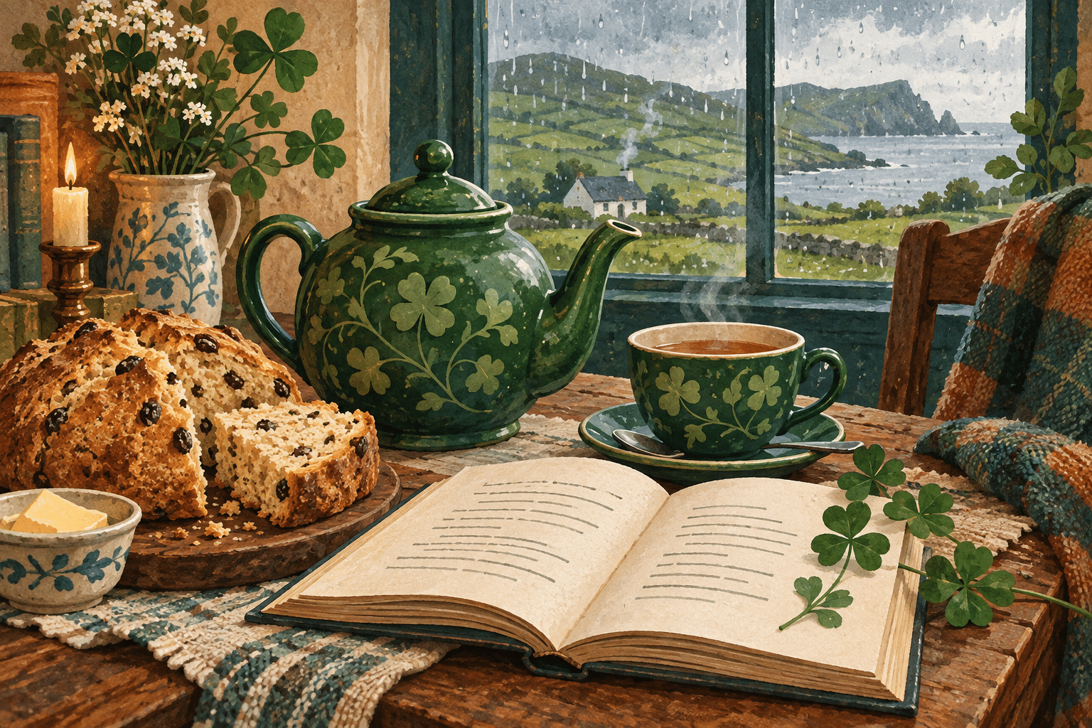 Illustration of tea, poetry, soda bread and shamrocks beside an Irish countryside window.