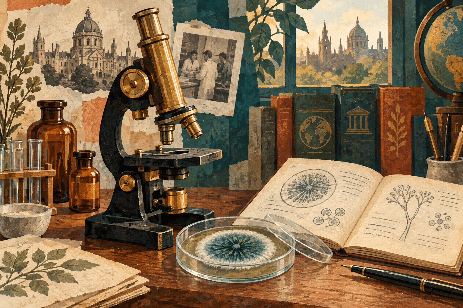 Illustration of a vintage microscope, petri dish and laboratory notebook linking history and scientific discovery.