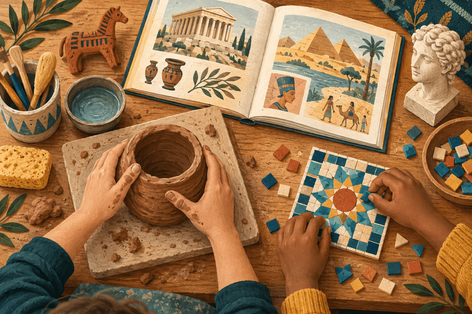 Illustration of children shaping a clay pot and assembling a mosaic during hands-on history learning.