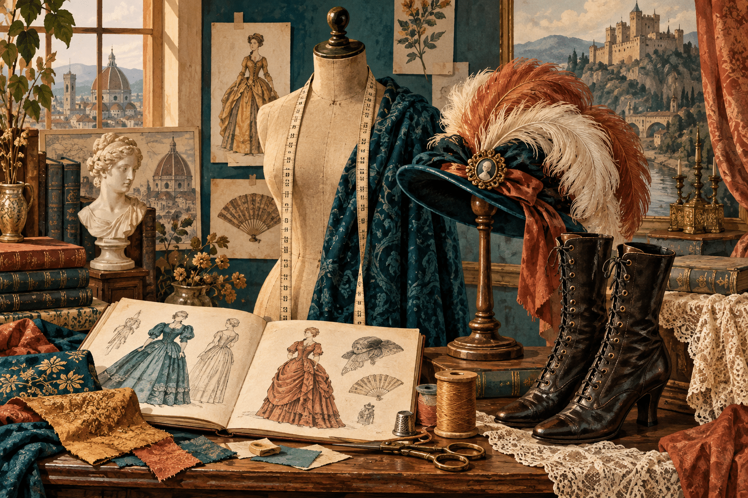 Illustration of a vintage dressmaking display with a feathered hat, boots and historical costume sketches.