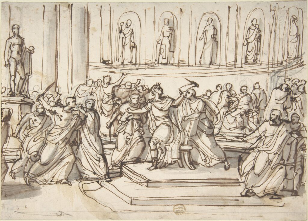 Historical engraving of Roman figures gathered in a classical hall.